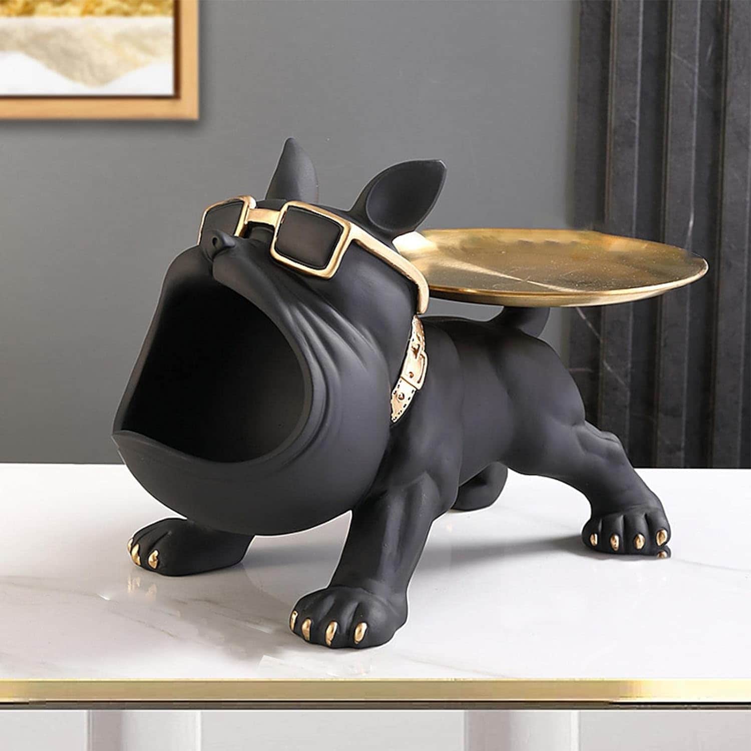 Décoration Statue de Bouledogue pour le Rangement de Clés et Bijoux