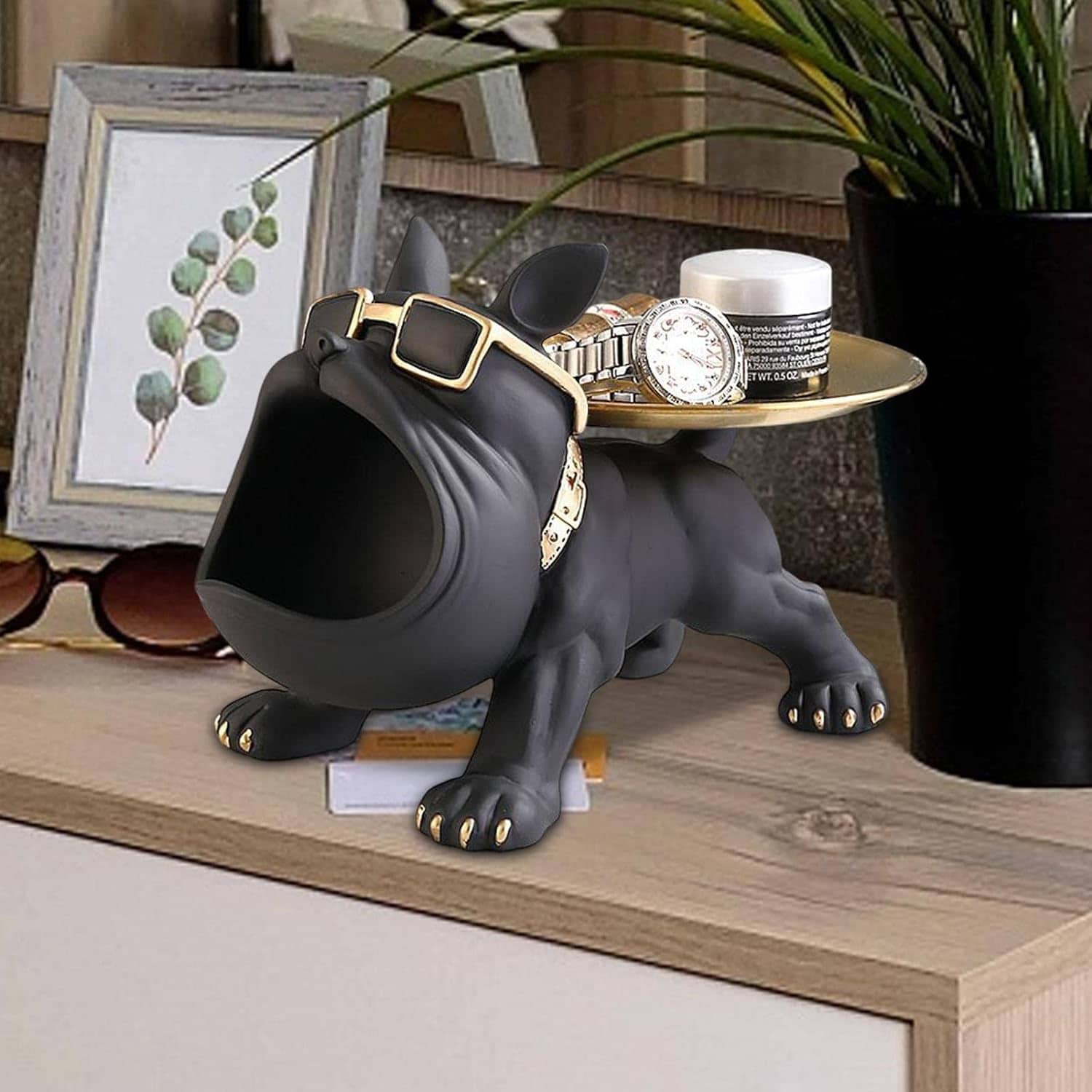 Décoration Statue de Bouledogue pour le Rangement de Clés et Bijoux