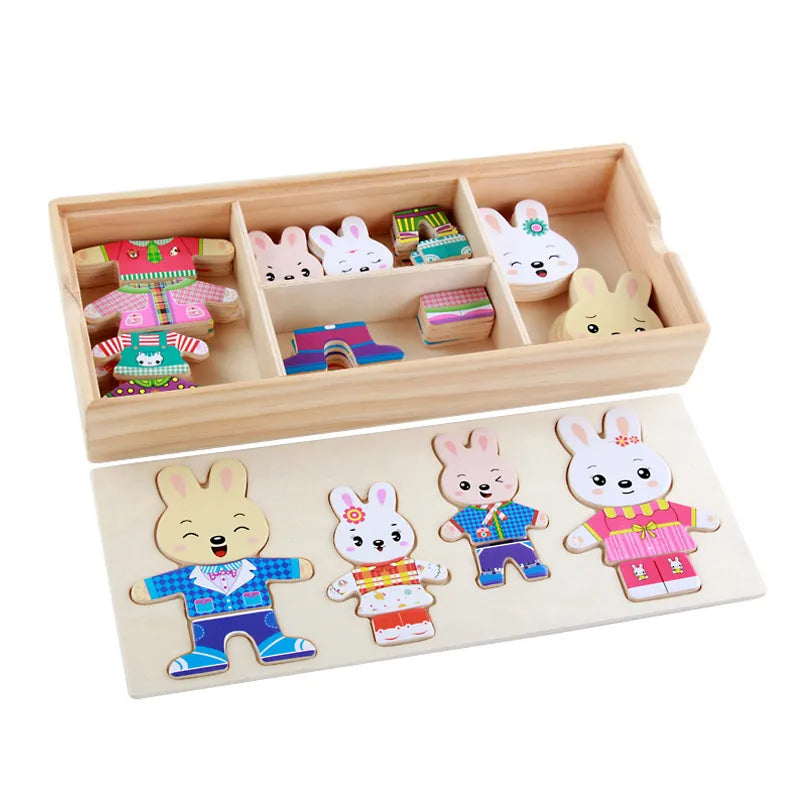 Puzzle en Bois de Changement de Vêtements pour la Famille Ours et Lapin