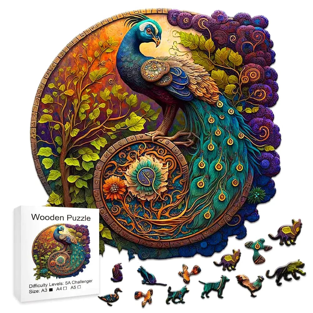 Puzzle rond en bois Paon