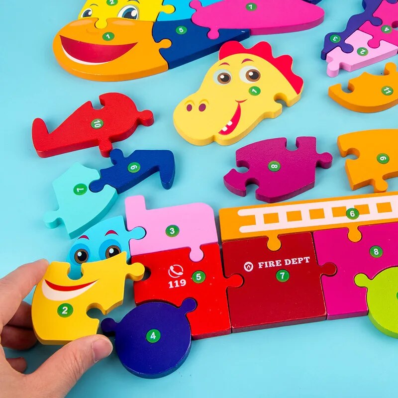 Puzzle en Bois pour Enfants : Animaux, Véhicules et Motifs Colorés