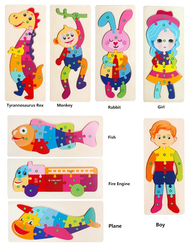 Puzzle en Bois pour Enfants : Animaux, Véhicules et Motifs Colorés