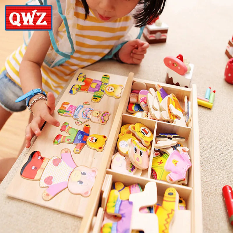 Puzzle en Bois de Changement de Vêtements pour la Famille Ours et Lapin