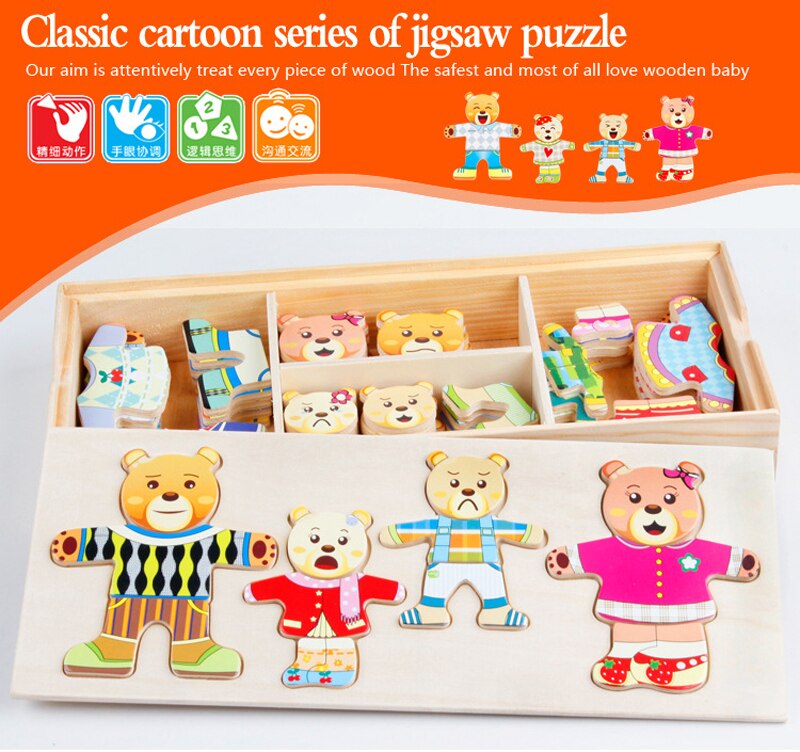 Puzzle en Bois de Changement de Vêtements pour la Famille Ours et Lapin