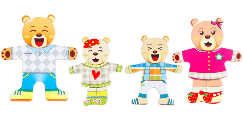 Puzzle en Bois de Changement de Vêtements pour la Famille Ours et Lapin