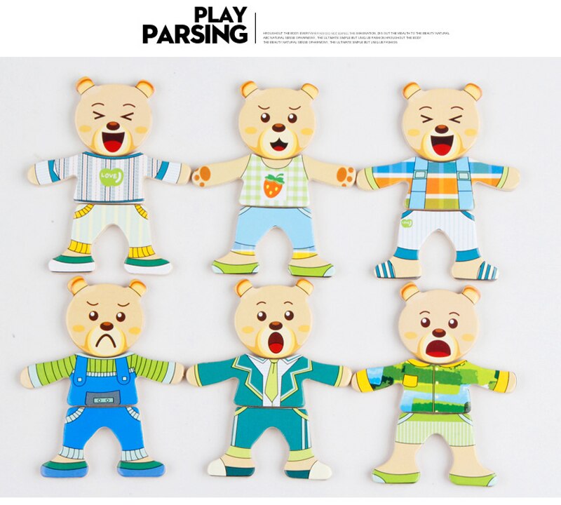 Puzzle en Bois de Changement de Vêtements pour la Famille Ours et Lapin