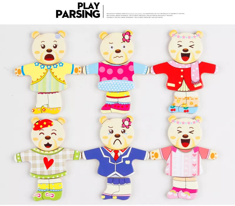 Puzzle en Bois de Changement de Vêtements pour la Famille Ours et Lapin