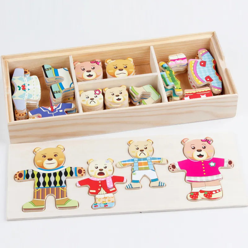 Puzzle en Bois de Changement de Vêtements pour la Famille Ours et Lapin