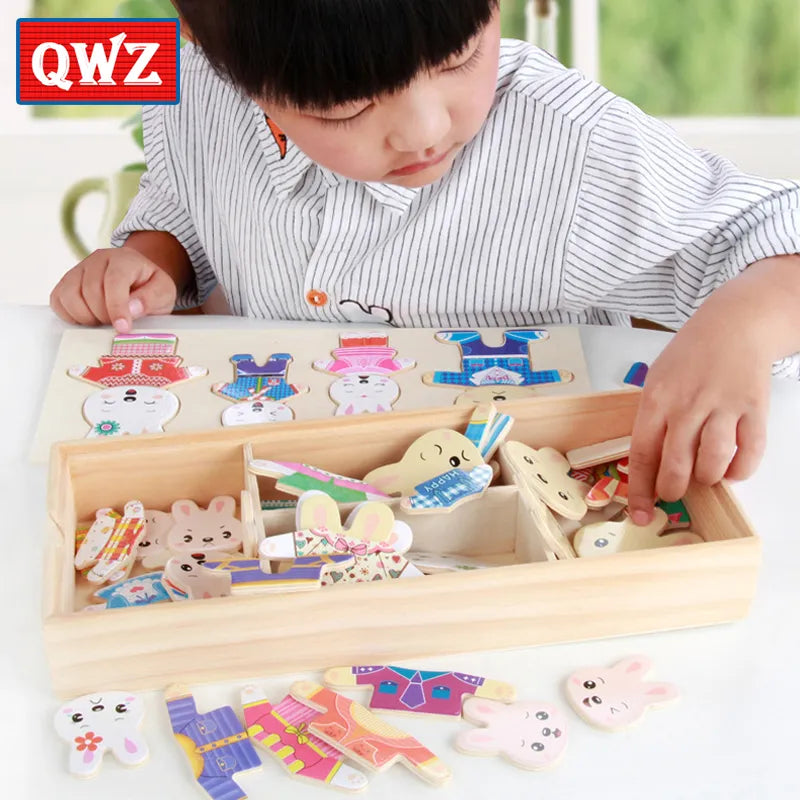 Puzzle en Bois de Changement de Vêtements pour la Famille Ours et Lapin