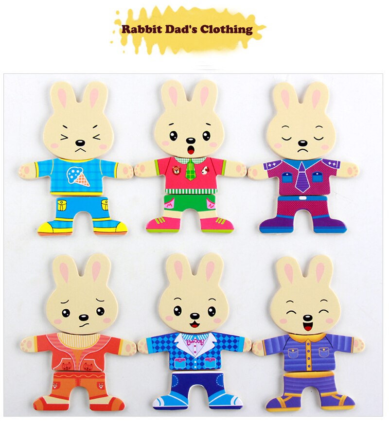 Puzzle en Bois de Changement de Vêtements pour la Famille Ours et Lapin