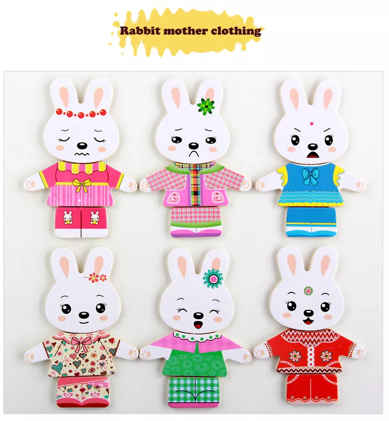 Puzzle en Bois de Changement de Vêtements pour la Famille Ours et Lapin