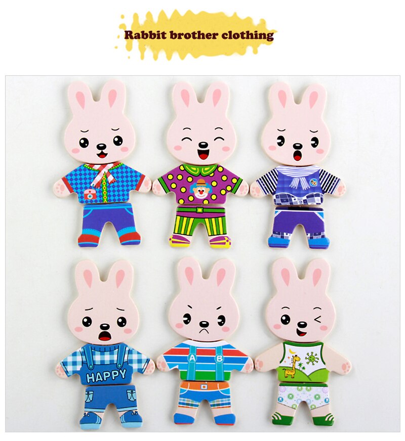 Puzzle en Bois de Changement de Vêtements pour la Famille Ours et Lapin