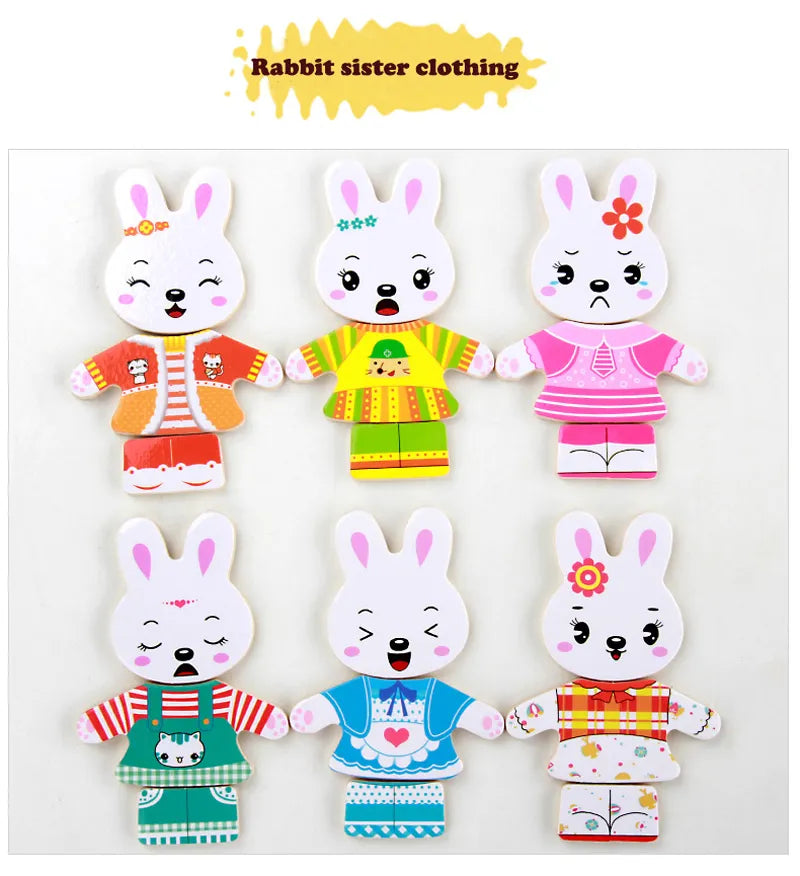 Puzzle en Bois de Changement de Vêtements pour la Famille Ours et Lapin