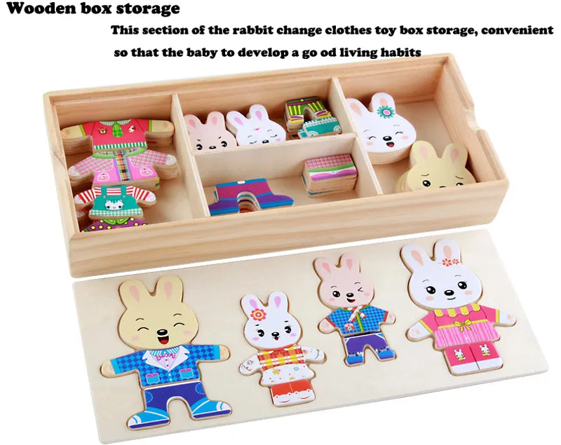 Puzzle en Bois de Changement de Vêtements pour la Famille Ours et Lapin