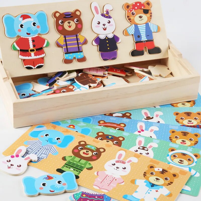 Puzzle en Bois de Changement de Vêtements pour la Famille Ours et Lapin
