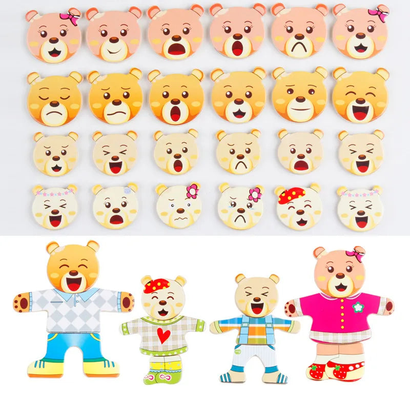 Puzzle en Bois de Changement de Vêtements pour la Famille Ours et Lapin