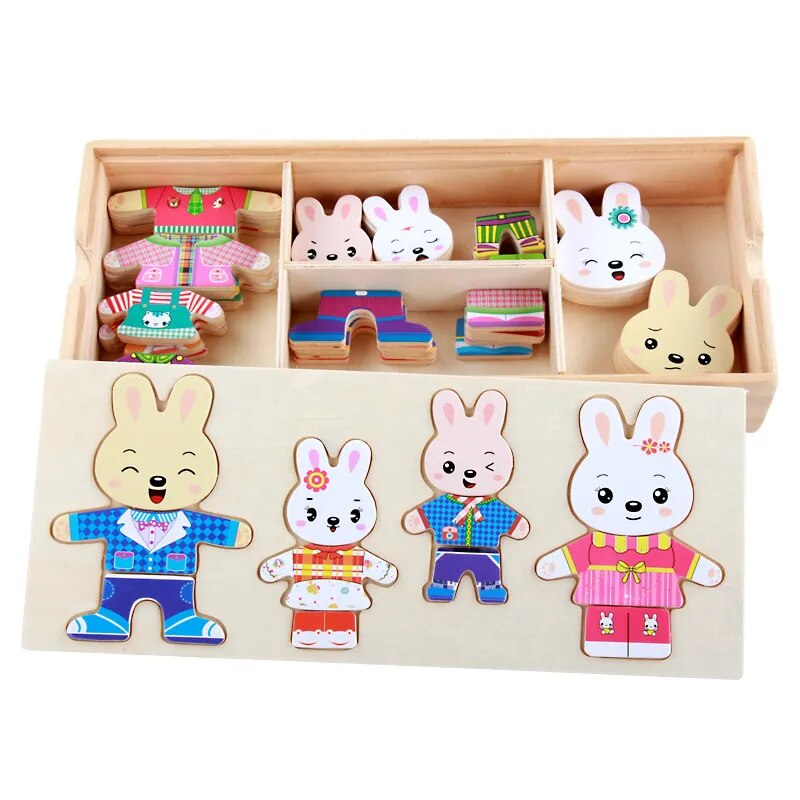 Puzzle en Bois de Changement de Vêtements pour la Famille Ours et Lapin