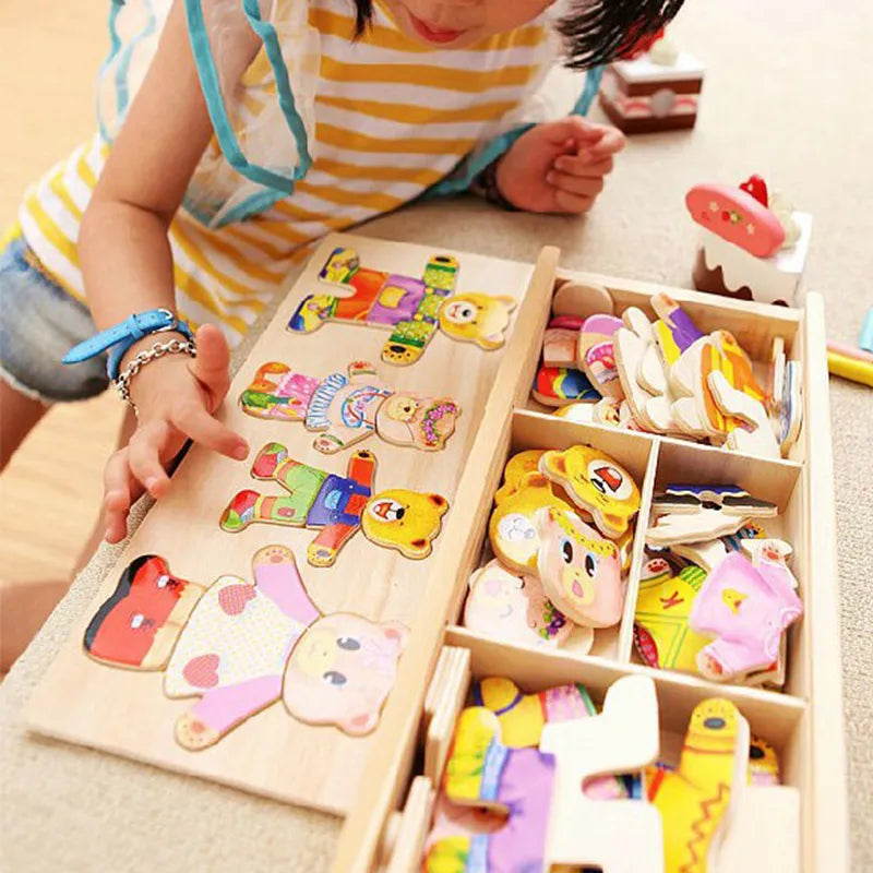 Puzzle en Bois de Changement de Vêtements pour la Famille Ours et Lapin